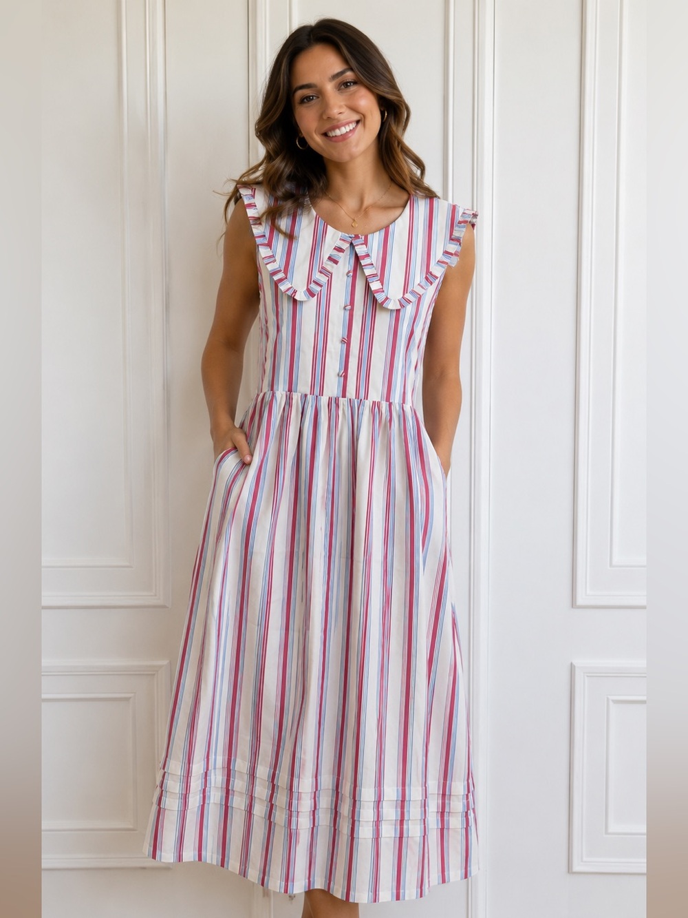 Gorgeous Caroline Constas Sleeveless Striped Midi Dress in White, Red and Blue